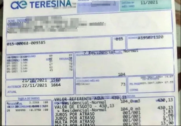 Fatura de água e esgoto de Teresina de morador de condomínio
