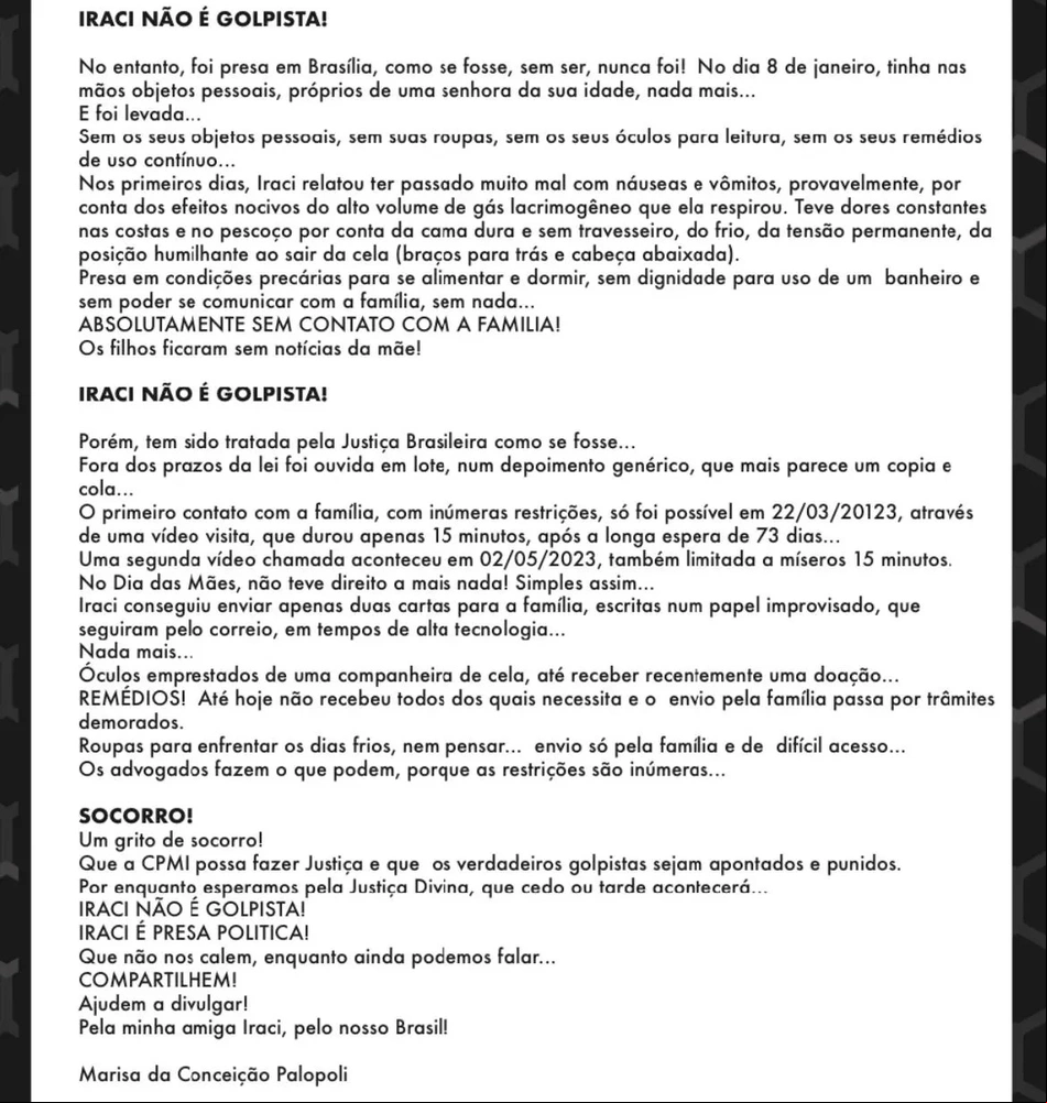 Carta de familiares pela liberadade Iraci Nagoshi.